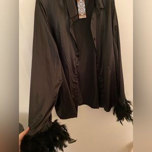 Boohoo Satin shirt with feather sleeves